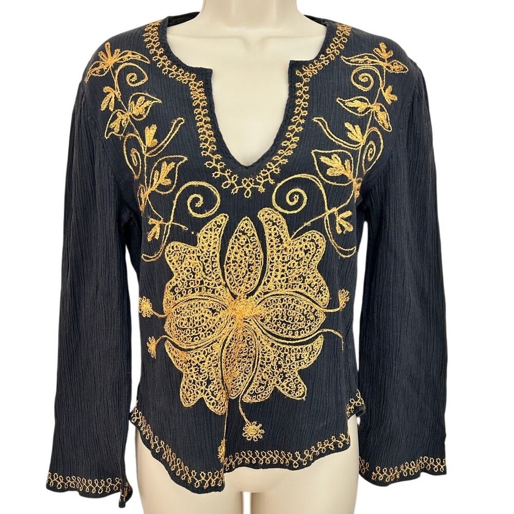 Vintage Boho Embroidered Top Gray/Blue Gold Women's 3 Stunning Top! XC!!